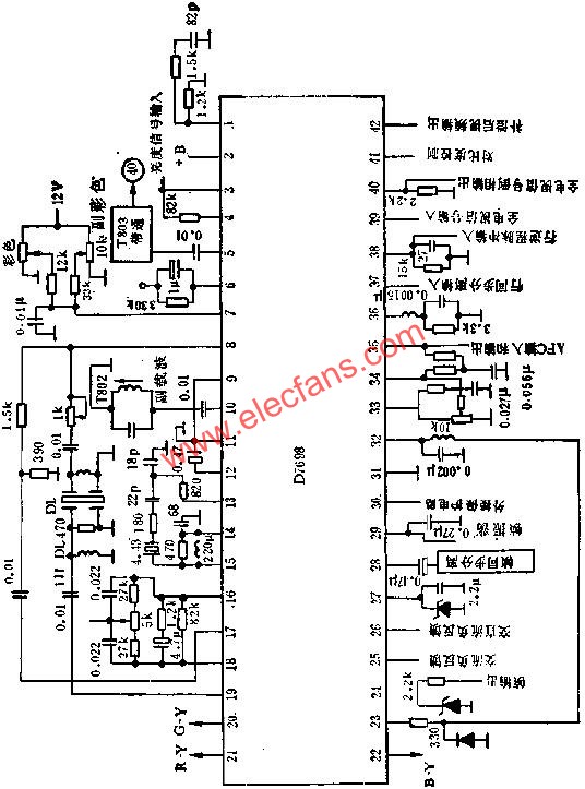 D7698扫描和彩色解码电路的应用电路图  www.elecfans.com