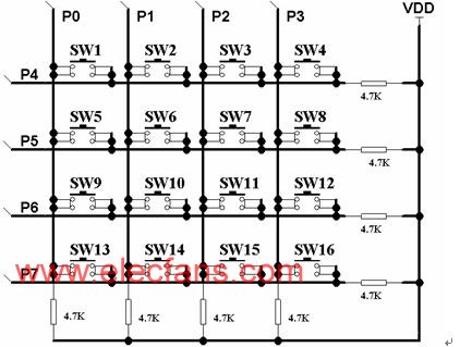 4×4键盘模块电路图 来源于:www.elecfans.com
