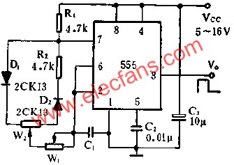 时基集成电路组成占空比连续可调的脉冲发生器电路图 www.elecfans.com
