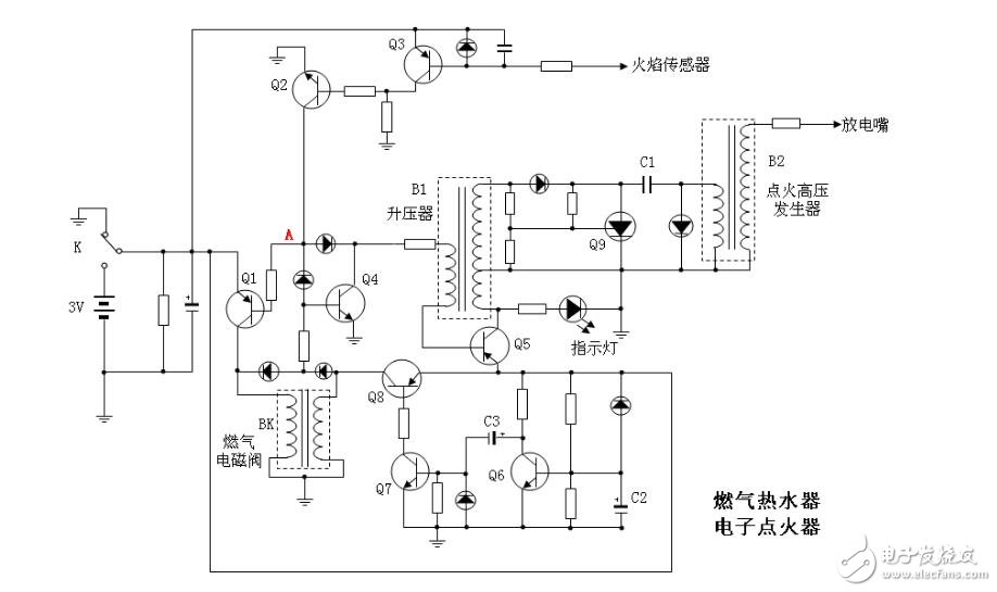 下图是一个燃气热水器通用的电子点火电路,工作过程如下