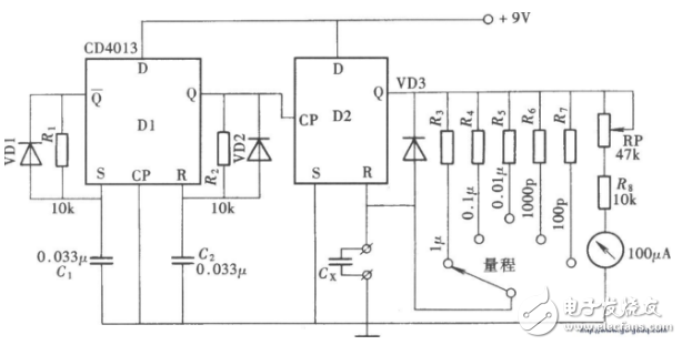基于cd4013模拟式电容量测量仪