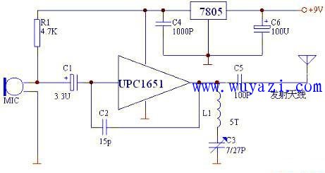 &mu;pc1651制作的调频无线话筒电路图