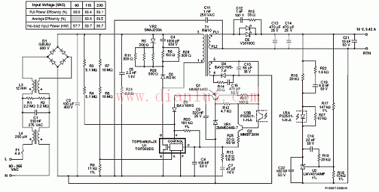 采用TOP266EG的65W 19V通用输入反激电源电路