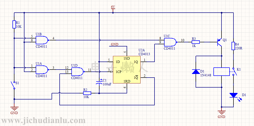 由d触发器设计的停电自锁电路的效果图演示_基础硬件电路图讲解