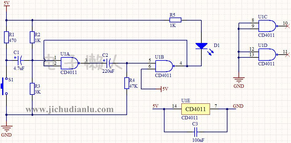 与非门单稳态按键延时灯的效果图演示_基础硬件电路图